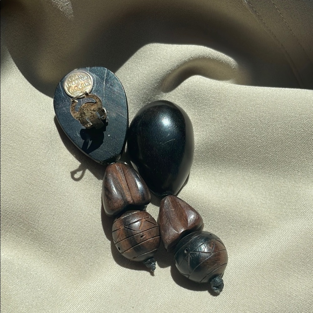 Vintage Monies Gerda Lynggaard Ebony Wood Drop Black Brown Dangle Clip Earrings - Picture 3 of 6